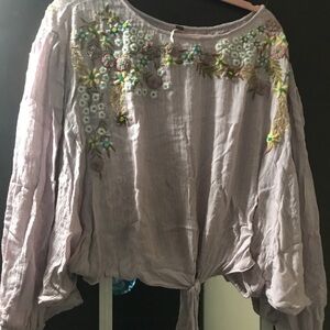 Free People Lavender Embellished Puff Sleeve Blouse